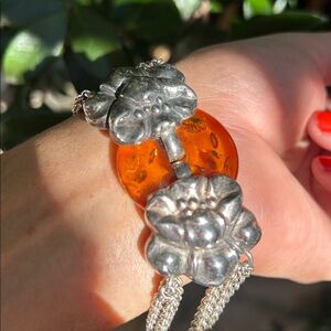 Sterling Silver Amber Floral Multiple Strand 6.5” Bracelet.